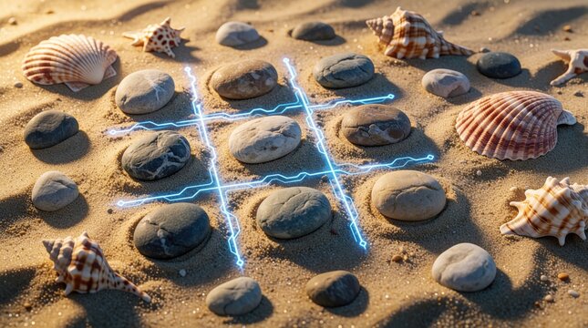 Tic tac toe game uses stones and shells on sand. Blue neon grid overlays nature objects. Primitive strategy meets modern tech in beach leisure.