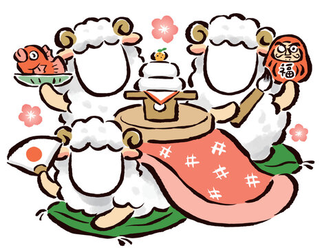 顔はめ年賀状素材　未年　3人　こたつで新年　2027　