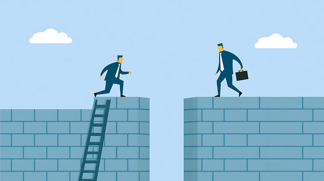 Businessmen cross a gap between walls with ladder, corporate teamwork concept, professional growth and strategy illustration vector