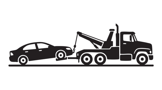 Tow truck hauling a sedan car vector silhouette illustration.