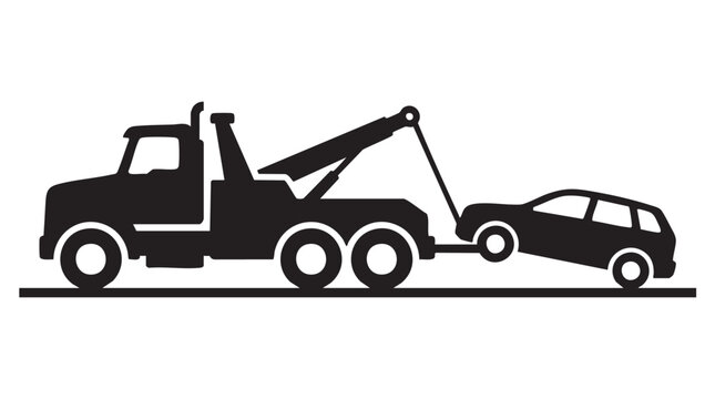 Tow truck towing broken car vector silhouette icon graphic.