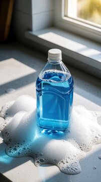 Clear bottle of blue cleaner sits in sudsy foam on light gray countertop near window. Sunlight creates shadows, highlighting bubbles on the surface for bright home cleaning.