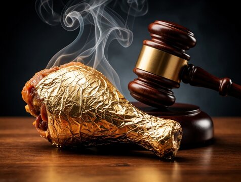 Golden chicken leg steams near a judge gavel. Concept represents costly food market value or legal dispute over expensive cuisine. Fine dining legal case.