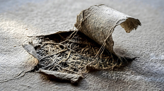 Torn paper with frayed edges rests upon a textured gray surface displaying delicate disintegration crumpled decay degraded delamination distressed