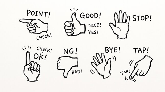 A collection of hand-drawn hand gestures with corresponding text labels indicating different actions and expressions like pointing, thumbs up, stopping, waving, and tapping.