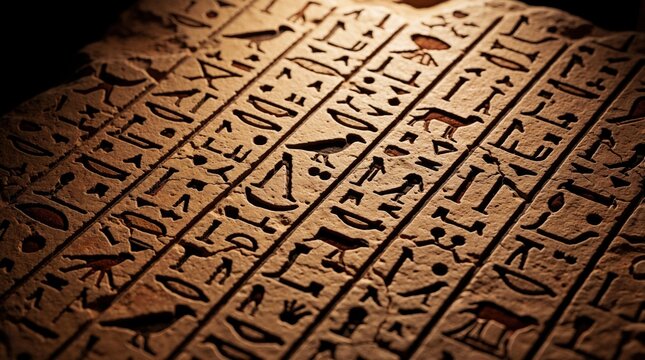 Ancient hieroglyphs carved into stone surface. Egyptian writing symbols detail history and culture. Old alphabet text tells stories of pharaohs and gods.