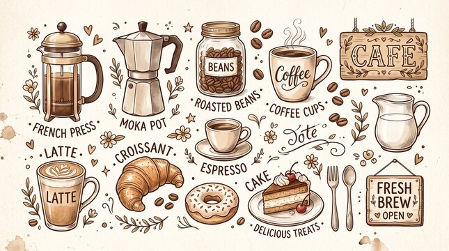 A charming vintage-style illustration collection of coffee items, brewing equipment, and delicious treats like croissants and cake.