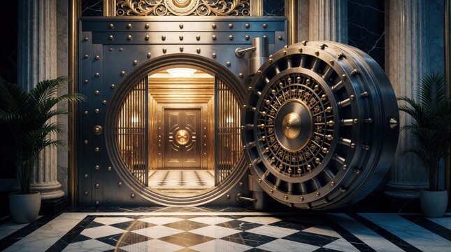 Massive vault door open revealing secure golden interior. Luxurious bank room with marble floor, ornate pillars, and safety deposit boxes. High security, wealth, and exclusivity.