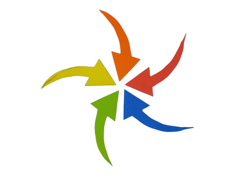 A circular arrangement of six colorful arrows pointing towards the center, isolated on a white background, radial isolated on a transparent background