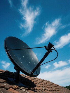 Satellite dish sits on tiled roof against bright blue sky with wispy clouds. Technology device receives signals from space, connects home to broadcast.