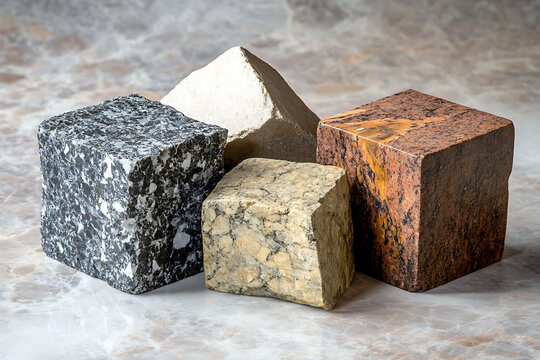 Collection of textured natural stone cubes arranged on marble.