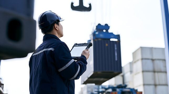Port worker in hard hat and safety gear examine cargo container inventory with digital tablet computer at industrial shipping dock yard supply
