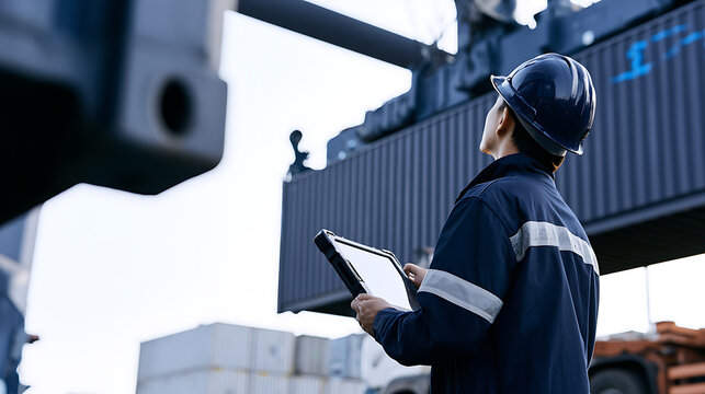 Industrial worker in protective gear and hard hat hold digital tablet computer to check cargo container freight transport port terminal yard