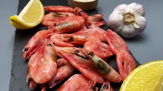 Side view of pink shrimp, spices, lemon slices and garlic head lying on a black slate board on a gray background, smooth approach. The concept of seafood, seasonings, and flavor. High quality 4k