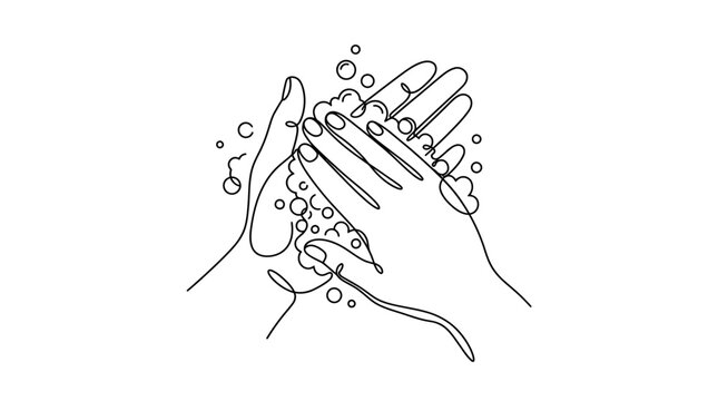 Continuous line art of washing hands with soap bubbles