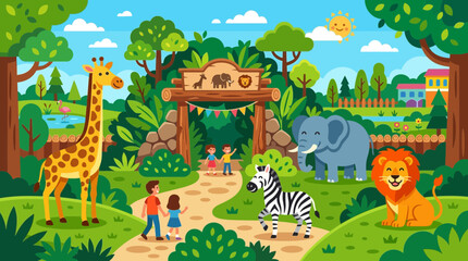 Naklejka premium Cartoon illustration of a zoo with wild animals and children walking on a path.