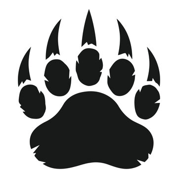 Black bear paw print illustration featuring five sharp claws and a broad pad. 