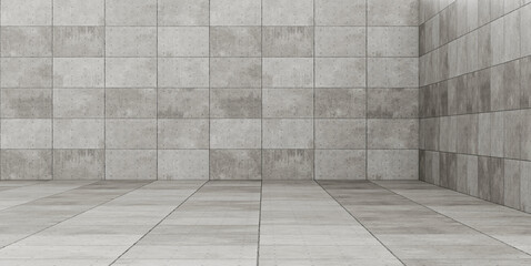 Fototapeta premium Empty minimalist concrete room with gray cement wall and tile floor 3D render
