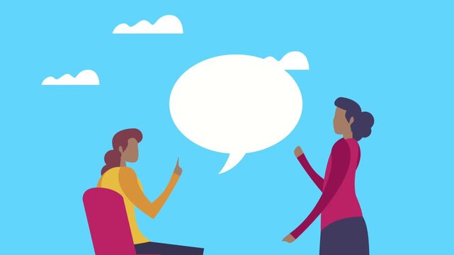 Flat vector animation of diverse women talking with speech bubble on blue sky background.