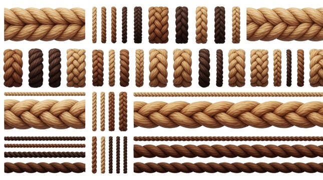 Collection of braided and twisted ropes in various thicknesses and brown shades. Seamless patterns of nautical or decorative cords. Various rope styles isolated on white background.
