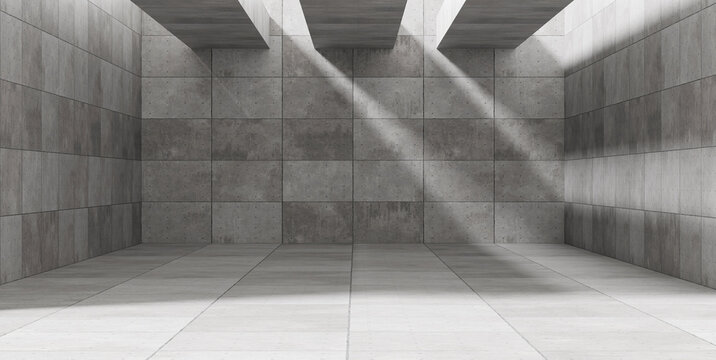 Empty concrete room with natural sunlight beams and shadows