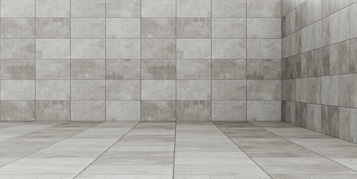 Empty minimalist concrete room with gray cement wall and tile floor 3D render