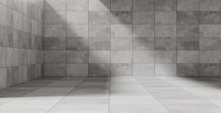 Modern industrial cement room with volumetric light from ceiling