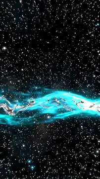 Abstract Liquid Silver Wave Flowing Through Glowing Blue Nebula in Deep Space