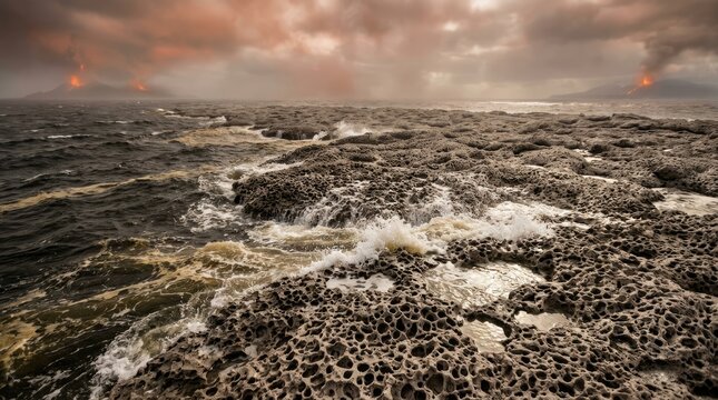 Porous volcanic pumice stone on a prebiotic ocean coast, demonstrating early geochemical abiogenesis processes during the origin of life.