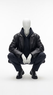 Maniqu&iacute; blanco s&oacute;lido sin costuras en una elegante pose de cuclillas mirando a la c&aacute;mara