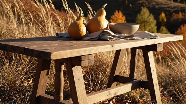 Golden pear-shaped gourds and a simple ceramic bowl rest upon relaxed linen across a hand-built trestle table, surrounded by dry meadow grass, distant autumn trees and warm hillside evening light