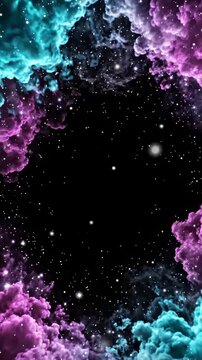 Abstract Cosmic Background With Floating Pink and Cyan Smoke Clouds and Glowing Stars