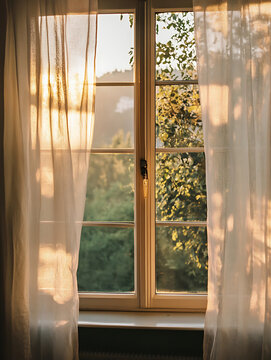 Sunlight streaming through sheer curtains with green trees outside.