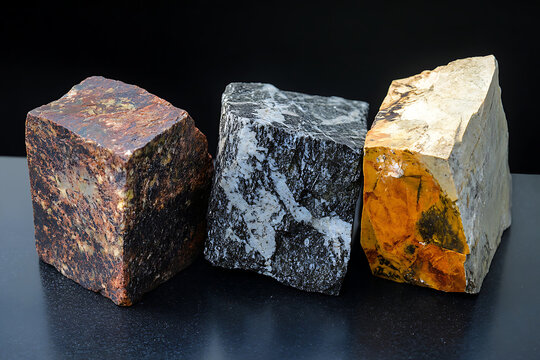 Three rough mineral rock specimens displayed on a dark surface.