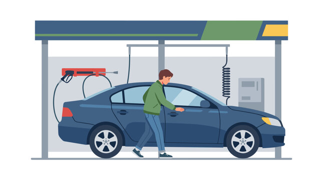 Man washing blue sedan at self-service car wash station with pressure washer equipment, flat vector illustration