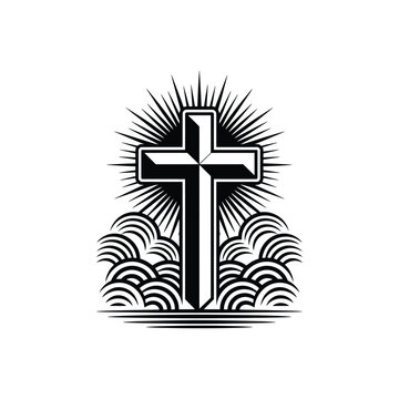 Christian cross emblem with radiant light and ocean waves logo.