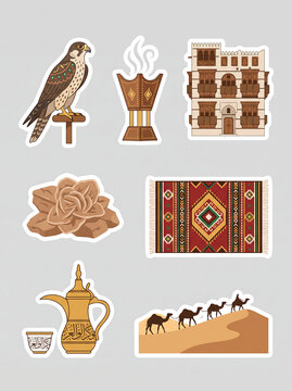 Saudi National Day Celebration with Iconic Saudi Culture and Heritage Stickers
