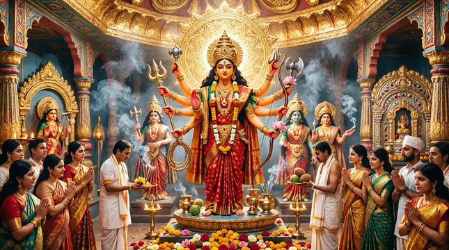 Beautifully crafted durga idol in sacred temple hall with people offering prayers and incense.