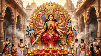 Obraz premium Durga puja festival celebration with many-armed goddess statue and devotees praying at a temple.