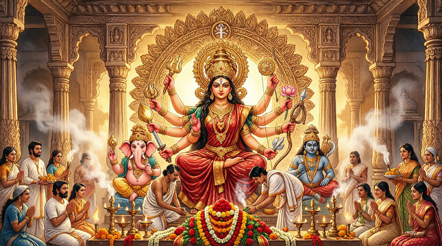 Sacred ritual for goddess Durga with devotees offering prayers in beautiful ornate temple space.