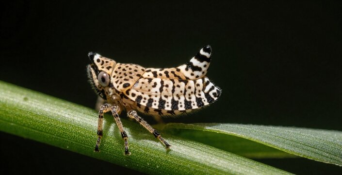 Macro shot of small planthopper nymph on green leaf. Tiny spotted insect rests on plant stem with waxy tail filaments. Detailed close up of bug in natural habitat. Wild creature shows unique pattern,