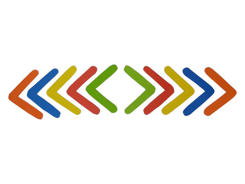 A horizontal row of colorful chevron arrow shapes pointing inwards towards the center, isolated on a white background, flat style isolated on a transparent background