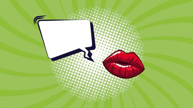 Pop art explosion animation with speech bubble and vibrant female lips motion graphic.