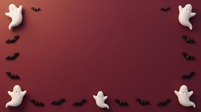 A festive halloween background featuring a dark red surface decorated with small white ghost figures and black flying bats