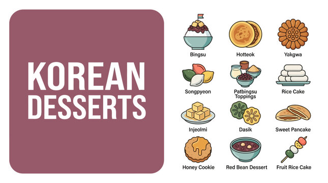 Collection of traditional Korean sweet snacks set featuring bingsu hotteok rice cakes yakgwa and red bean desserts in flat minimalist vector icon style