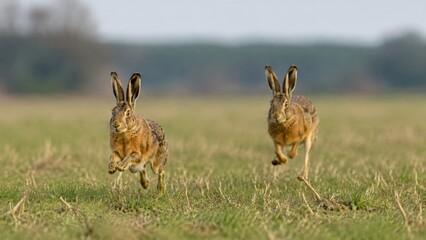 Naklejka premium Two wild hares hopping through a rain-fresh green field toward the camera at low angle, their powerful hind legs mid-leap with droplets of dew on the surrounding grass
