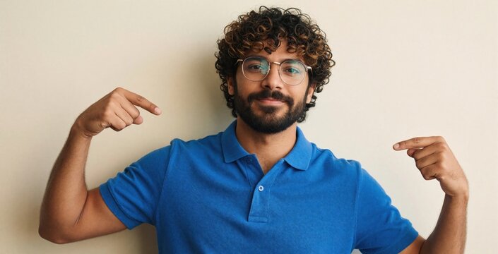 Young man points to himself with confident gesture. He wears glasses and blue polo shirt, looking satisfied. Man expresses pride and success against plain wall.