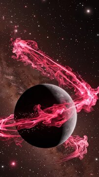 Abstract Planet Surrounded by Flowing Pink Smoke in Deep Space