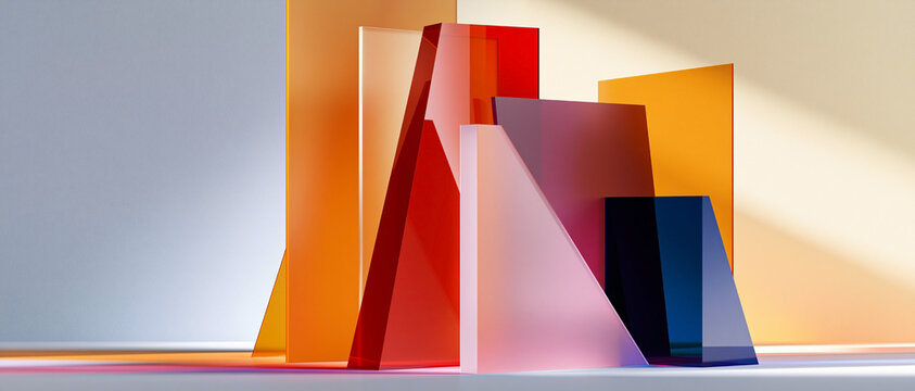 Abstract geometric composition with colorful translucent glass panels in orange, red, pink and blue, creating modern architectural shapes, light and shadows