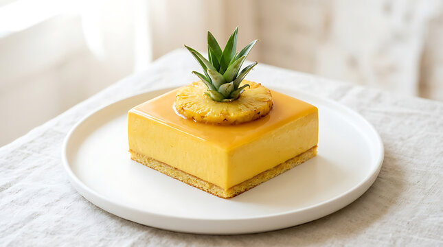 Square pineapple mousse cake with fresh pineapple garnish